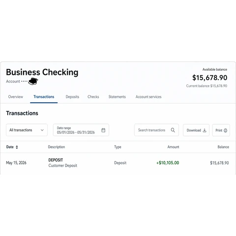 Business checking account transactions screenshot with account number hidden