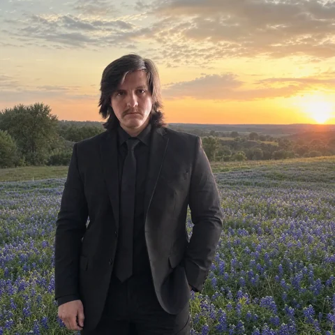 Business funding strategist in Hays County, Texas at sunset in a bluebonnet field