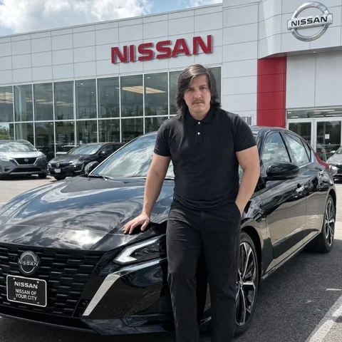 Standing with my new car at a Nissan dealership